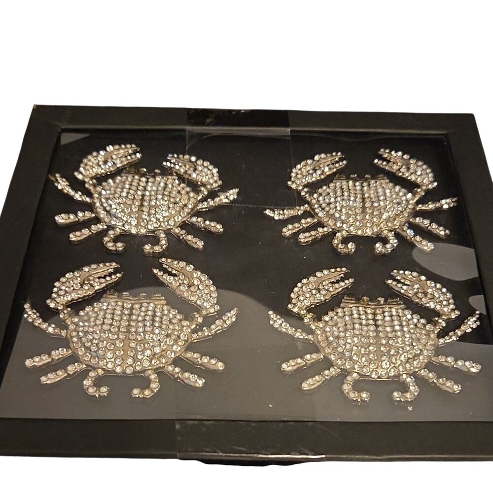 Nicole Miller Home Crab Pattern Silver Metal Napkin Rings Set of 4 Rhinestones